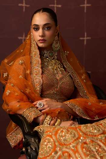 ANGAD SINGH_Orange Silk Leaf Neck Tej Vine Embroidered Bridal Lehenga Set _Online_at_Aza_Fashions