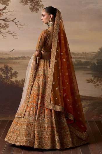 Shop_ANGAD SINGH_Orange Silk Leaf Neck Tej Vine Embroidered Bridal Lehenga Set _at_Aza_Fashions
