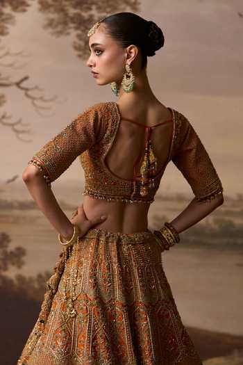 Buy_ANGAD SINGH_Orange Silk Leaf Neck Tej Vine Embroidered Bridal Lehenga Set _Online_at_Aza_Fashions