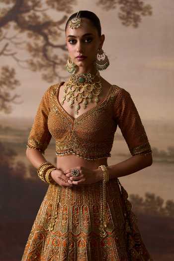 Shop_ANGAD SINGH_Orange Silk Leaf Neck Tej Vine Embroidered Bridal Lehenga Set _Online_at_Aza_Fashions