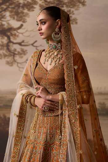 ANGAD SINGH_Orange Silk Leaf Neck Tej Vine Embroidered Bridal Lehenga Set _at_Aza_Fashions
