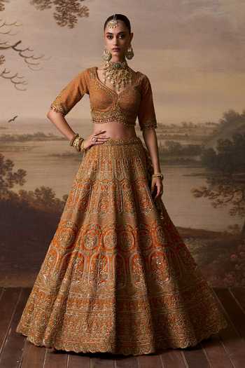 Buy_ANGAD SINGH_Orange Silk Leaf Neck Tej Vine Embroidered Bridal Lehenga Set 