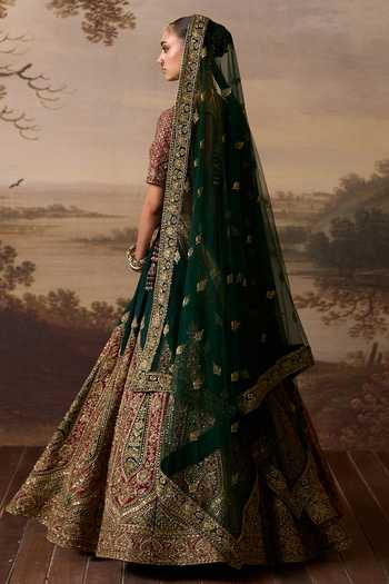 Shop_ANGAD SINGH_Maroon Silk Sweetheart Neck Sutlej Raw Bridal Lehenga Set _at_Aza_Fashions
