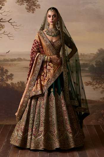 Shop_ANGAD SINGH_Maroon Silk Sweetheart Neck Sutlej Raw Bridal Lehenga Set _Online_at_Aza_Fashions
