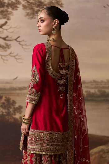 Buy_ANGAD SINGH_Red Silk Scoop Neck, Yes Kiran Embroidered Kurta Sharara Set _Online_at_Aza_Fashions