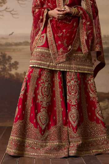 Shop_ANGAD SINGH_Red Silk Scoop Neck, Yes Kiran Embroidered Kurta Sharara Set _Online_at_Aza_Fashions