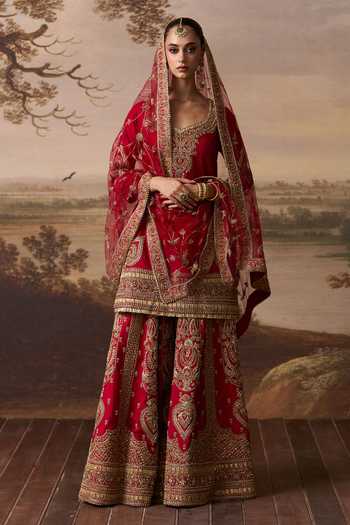 Buy_ANGAD SINGH_Red Silk Scoop Neck, Yes Kiran Embroidered Kurta Sharara Set _at_Aza_Fashions