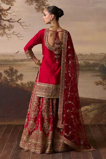 Shop_ANGAD SINGH_Red Silk Scoop Neck, Yes Kiran Embroidered Kurta Sharara Set _at_Aza_Fashions