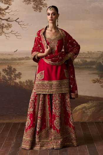 ANGAD SINGH_Red Silk Scoop Neck, Yes Kiran Embroidered Kurta Sharara Set _at_Aza_Fashions