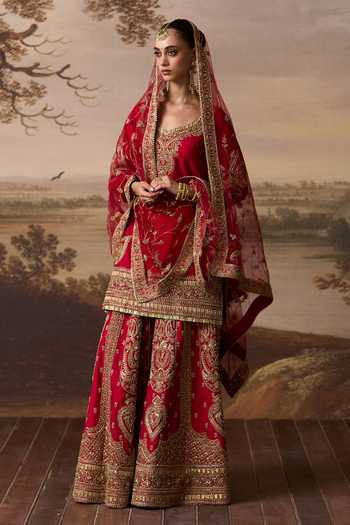 Shop_ANGAD SINGH_Red Silk Scoop Neck, Yes Kiran Embroidered Kurta Sharara Set 