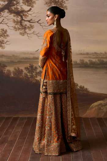 Shop_ANGAD SINGH_Orange Silk Roshni Paisley Embroidered Kurta Sharara Set _at_Aza_Fashions