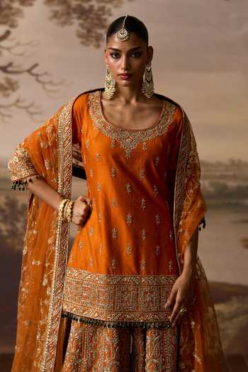Shop_ANGAD SINGH_Orange Silk Roshni Paisley Embroidered Kurta Sharara Set _Online_at_Aza_Fashions