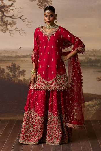 ANGAD SINGH_Red Silk V-neck, Yes Sukoon Embroidered Kurta Sharara Set _Online_at_Aza_Fashions