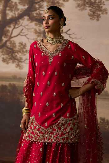 Buy_ANGAD SINGH_Red Silk V-neck, Yes Sukoon Embroidered Kurta Sharara Set _Online_at_Aza_Fashions