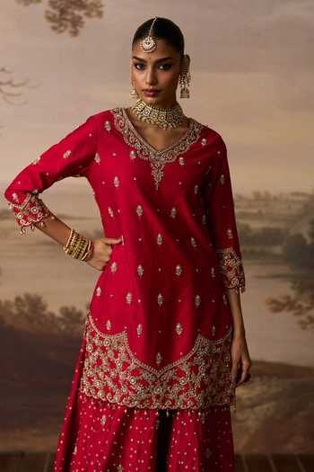 Shop_ANGAD SINGH_Red Silk V-neck, Yes Sukoon Embroidered Kurta Sharara Set _Online_at_Aza_Fashions