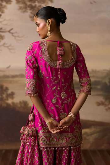 Shop_ANGAD SINGH_Pink Silk V-neck Boond Embroidered Kurta Sharara Set _at_Aza_Fashions