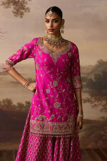Buy_ANGAD SINGH_Pink Silk V-neck Boond Embroidered Kurta Sharara Set _Online_at_Aza_Fashions