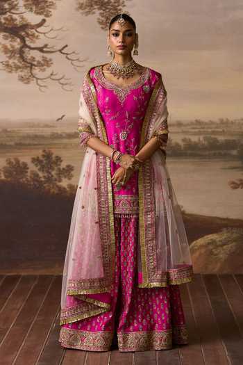 Buy_ANGAD SINGH_Pink Silk V-neck Boond Embroidered Kurta Sharara Set _at_Aza_Fashions