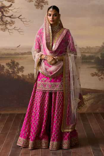 Shop_ANGAD SINGH_Pink Silk V-neck Boond Embroidered Kurta Sharara Set _Online_at_Aza_Fashions