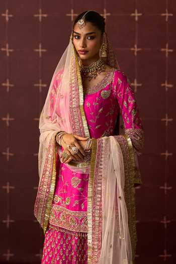 ANGAD SINGH_Pink Silk V-neck Boond Embroidered Kurta Sharara Set _at_Aza_Fashions
