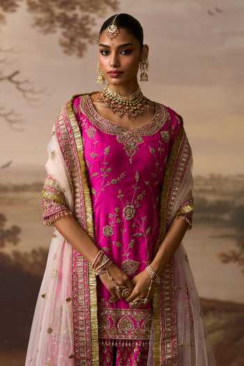 Buy_ANGAD SINGH_Pink Silk V-neck Boond Embroidered Kurta Sharara Set 