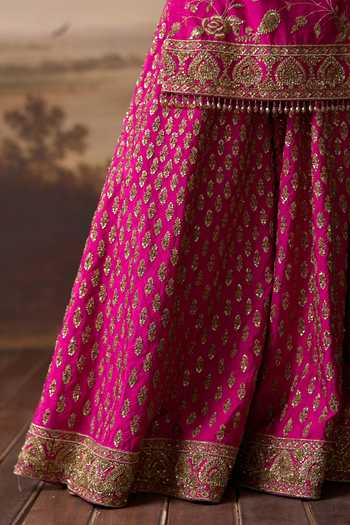 Shop_ANGAD SINGH_Pink Silk V-neck Boond Embroidered Kurta Sharara Set 