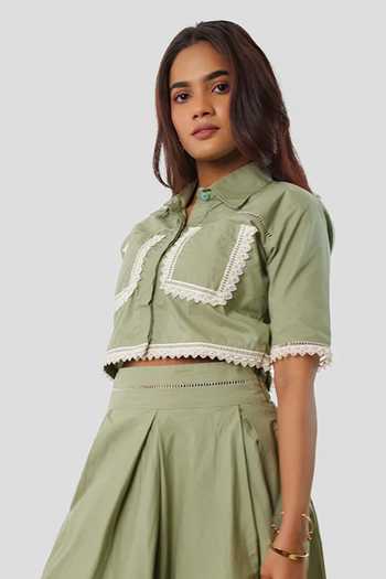 Shop_9899_Green Cotton Collared Neck Lacey Crop Shirt And Skirt Co-ord Set _at_Aza_Fashions