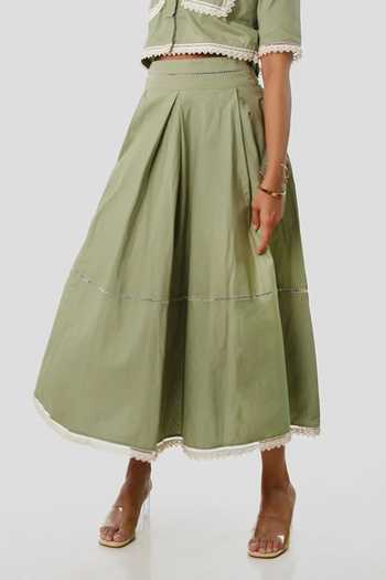 9899_Green Cotton Collared Neck Lacey Crop Shirt And Skirt Co-ord Set _Online_at_Aza_Fashions