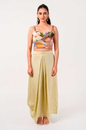 Shop_9899_Green Satin Collared Neck Bloomscape Vest And Draped Skirt Set _at_Aza_Fashions