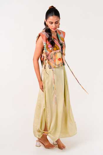 9899_Green Satin Collared Neck Bloomscape Vest And Draped Skirt Set _Online_at_Aza_Fashions