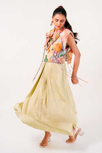 Buy_9899_Green Satin Collared Neck Bloomscape Vest And Draped Skirt Set _at_Aza_Fashions