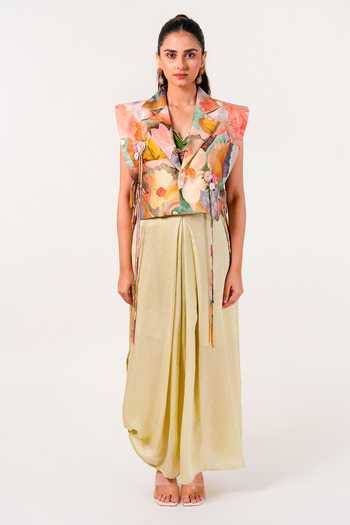 Buy_9899_Green Satin Collared Neck Bloomscape Vest And Draped Skirt Set _Online_at_Aza_Fashions