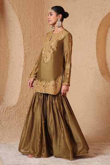Label Niti Bothra_Olive Green Silk, Organza, Chanderi Round Neck, Yes Mehrang Heavy Sharara Set _at_Aza_Fashions