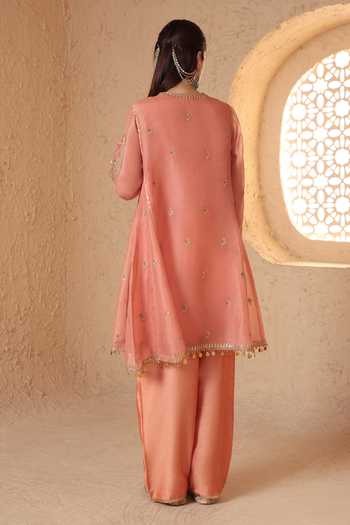 Shop_Label Niti Bothra_Peach Silk, Organza, Tencel Round Neck Mehrang Short Pheran Kurta Set _at_Aza_Fashions
