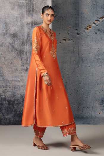 Shop_Label Niti Bothra_Orange Silk, Chanderi, Tencel, Organza Keyhole Mehrang Straight Long Kurta Set _Online_at_Aza_Fashions