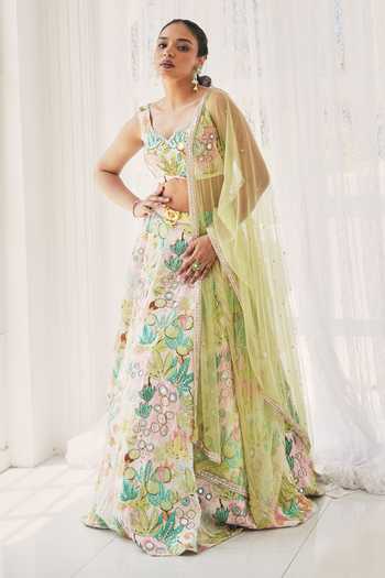 Buy_House Of Akshata_Green Organza, Satin Pastel Bloom Printed Lehenga Set 