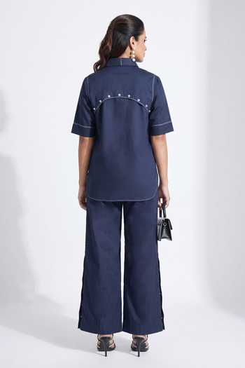 Shop_Escape By Aishwarya_Blue Cotton Satin Collared Neck Buttoned Shirt And Pant Co-ord Set _at_Aza_Fashions
