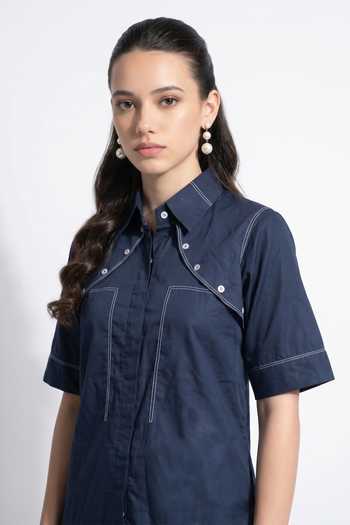 Shop_Escape By Aishwarya_Blue Cotton Satin Collared Neck Buttoned Shirt And Pant Co-ord Set _Online_at_Aza_Fashions