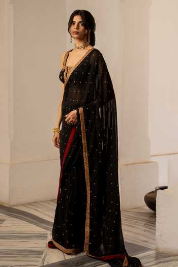 Buy_Nimbu Mirchi_Black Chanderi Round Neck Tasneem Embroidered Saree With Blouse _at_Aza_Fashions