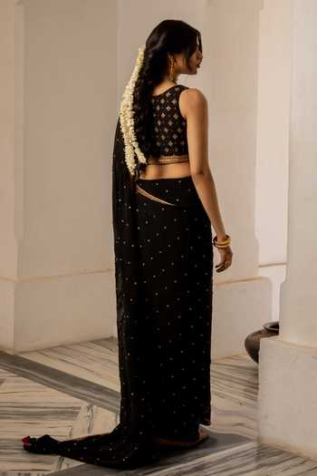 Shop_Nimbu Mirchi_Black Chanderi Round Neck Tasneem Embroidered Saree With Blouse _at_Aza_Fashions