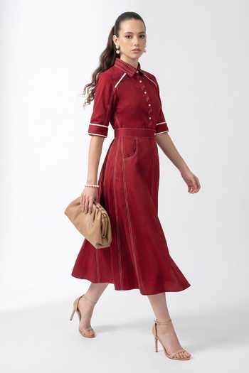 Escape By Aishwarya_Maroon Cotton Satin Collared Neck Workup Dress _Online_at_Aza_Fashions