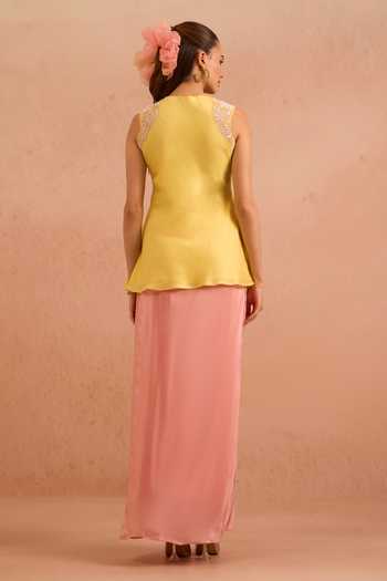 Shop_Tarini Vij_Yellow Chanderi, Crepe V-neck Ziyanur Embroidered Top And Draped Skirt Set _at_Aza_Fashions