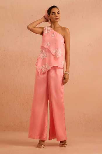 Buy_Tarini Vij_Pink Organza One Shoulder Sabah Embroidered Top And Palazzo Set _at_Aza_Fashions