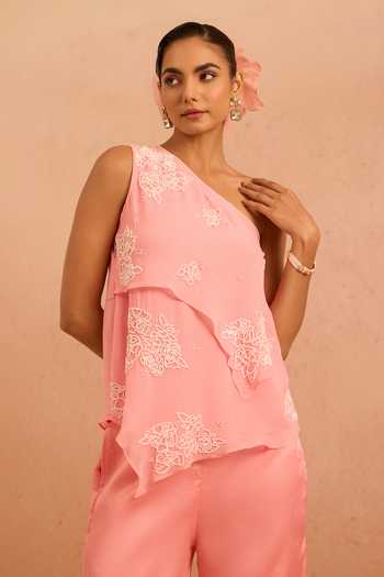Buy_Tarini Vij_Pink Organza One Shoulder Sabah Embroidered Top And Palazzo Set _Online_at_Aza_Fashions