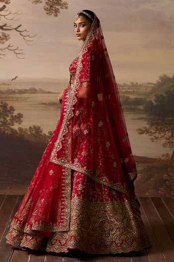 Shop_ANGAD SINGH_Red Silk Sweetheart Neck Kirpa Bridal Lehenga Blouse Set _at_Aza_Fashions