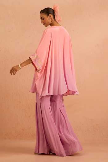 Shop_Tarini Vij_Pink Crepe V-neck Ruhbari Ombre Embroidered Kaftan And Gharara Set _at_Aza_Fashions