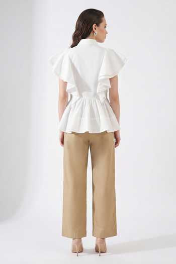 Shop_Escape By Aishwarya_Multicolor Cotton Satin Collared Neck Drama Frill Top And Pant Set _at_Aza_Fashions