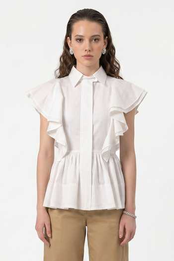 Escape By Aishwarya_Multicolor Cotton Satin Collared Neck Drama Frill Top And Pant Set _Online_at_Aza_Fashions