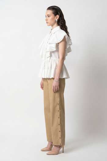 Shop_Escape By Aishwarya_Multicolor Cotton Satin Collared Neck Drama Frill Top And Pant Set _Online_at_Aza_Fashions