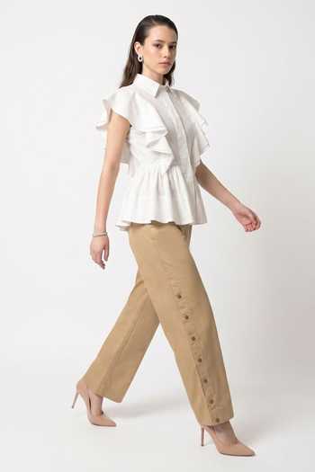 Escape By Aishwarya_Multicolor Cotton Satin Collared Neck Drama Frill Top And Pant Set _at_Aza_Fashions